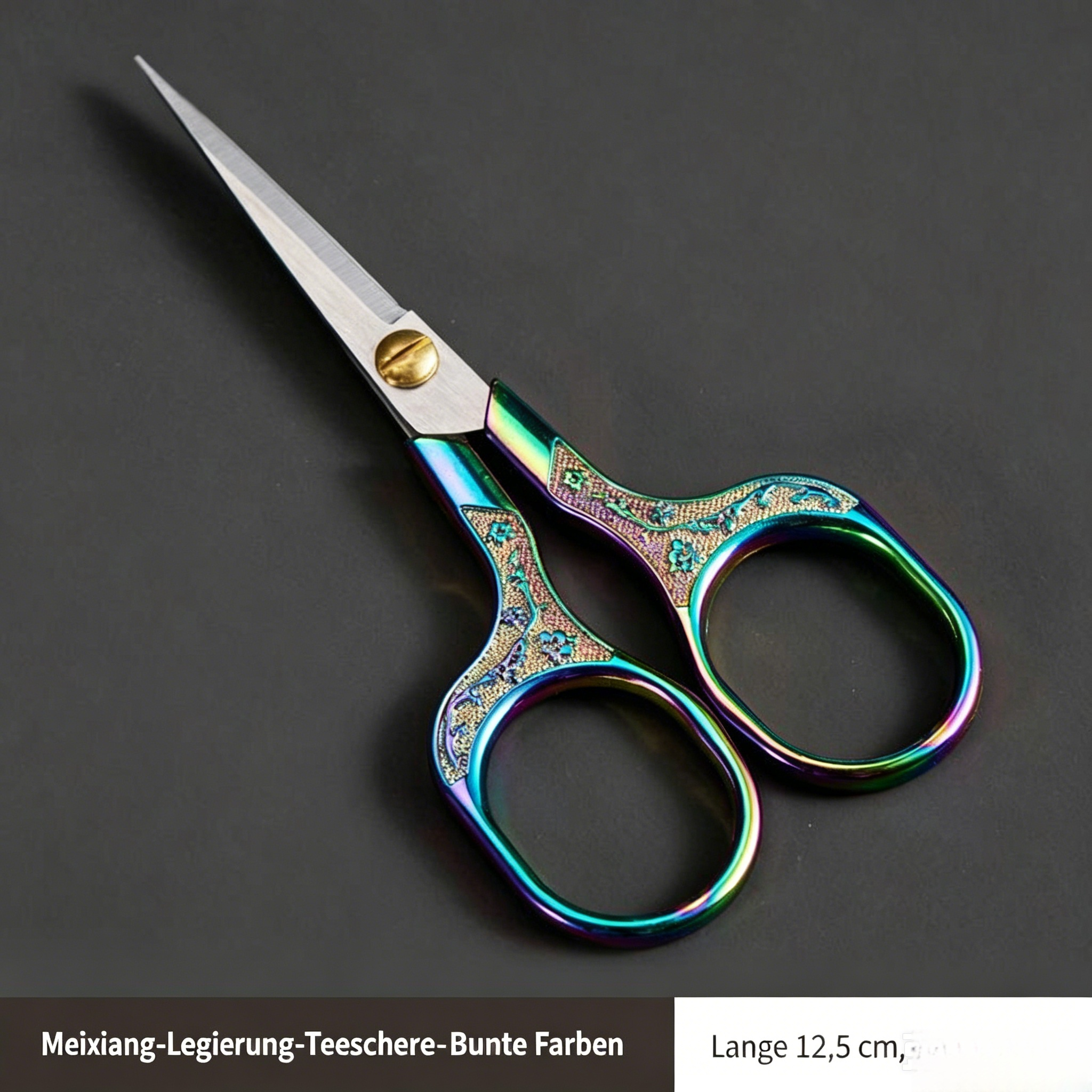Vintage Stickschere aus Edelstahl in Regenbogen-Optik: Feine Teeschere mit Pflaumenblüten-Muster