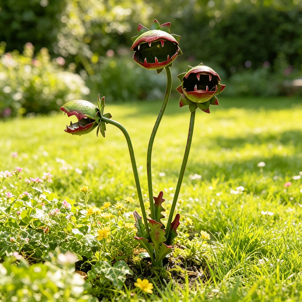 Gartenstecker Fleischfressende Pflanze aus Metall – Kunstvoller Venusfliegenfalle Beetstecker für Garten, Rasen, Vorgarten & Halloween Deko