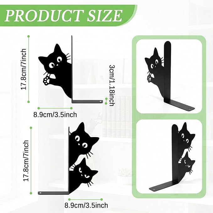 Deko Buchstützen Schwarze Katzen aus Metall – Nützliche & Süße Buchstütze für Schreibtisch, Kinderzimmer, Buchstützen Set für Bücher, Alben & Kochbücher