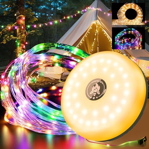 10m LED Campinglampe mit Lichterkette – Wiederaufladbare Outdoor Zeltlampe mit Handkurbel-Einzug – 5 Lichtmodi, RGB Atmosphere & IPX4 Wasserdicht für Camping, Garten, Balkon & Notfall