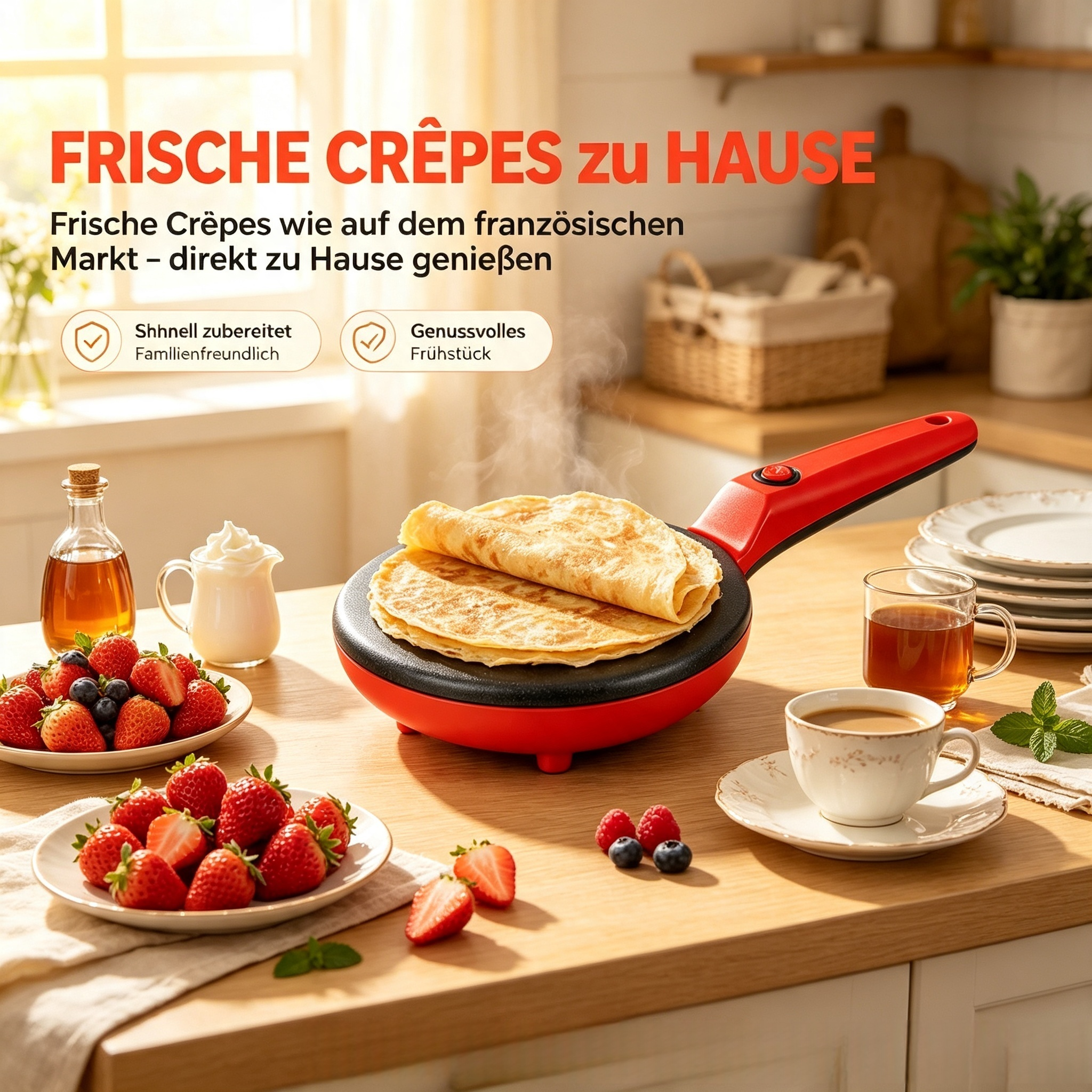 Elektrischer Crêpes-Maker 650W – Antihaft Pfannkuchenmaker mit 1-Knopf-Bedienung – Schneller & Leichter Crepe Maker für Hauchdünne Crêpes, Pancakes & Tortillas (Rot / Schwarz)