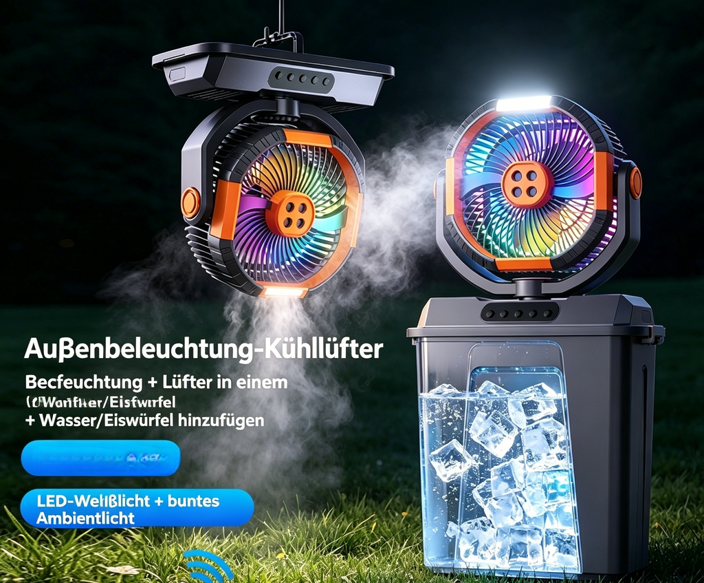 Multifunktions Camping Ventilator mit Licht & Sprühnebel: Oszillierender USB-Akku-Lüfter für Zelt