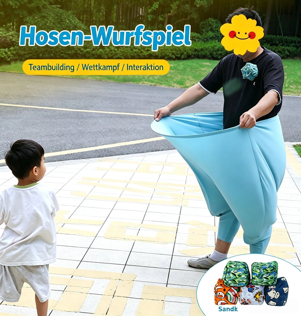 Riesen-Hosen Wurfspiel Set für Kinder & Erwachsene – Lustiges Trichter-Hosen Fangspiel mit Sandbeuteln, Wasserbällen & Luftpumpe für Outdoor, Party & Teambuilding