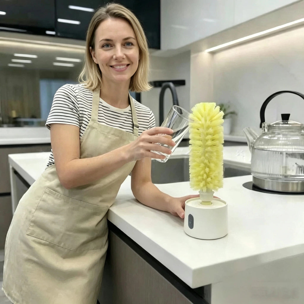Elektrische Flaschenbürste 360° Drehbar – Wiederaufladbare Spülbürste für Gläser, Babyflaschen & Thermosbecher – Wandmontage mit Saugnapf & USB-C – BPA-frei & IPX5 Wasserabweisend