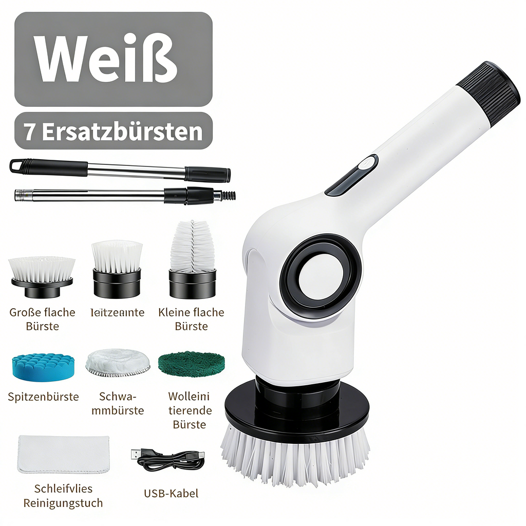 7-in-1 Elektrische Reinigungsbürste mit Teleskopstiel – Kabelloser Schleuder-Schrubber – Bad- & Fliesenreiniger mit 7 Bürstenköpfen