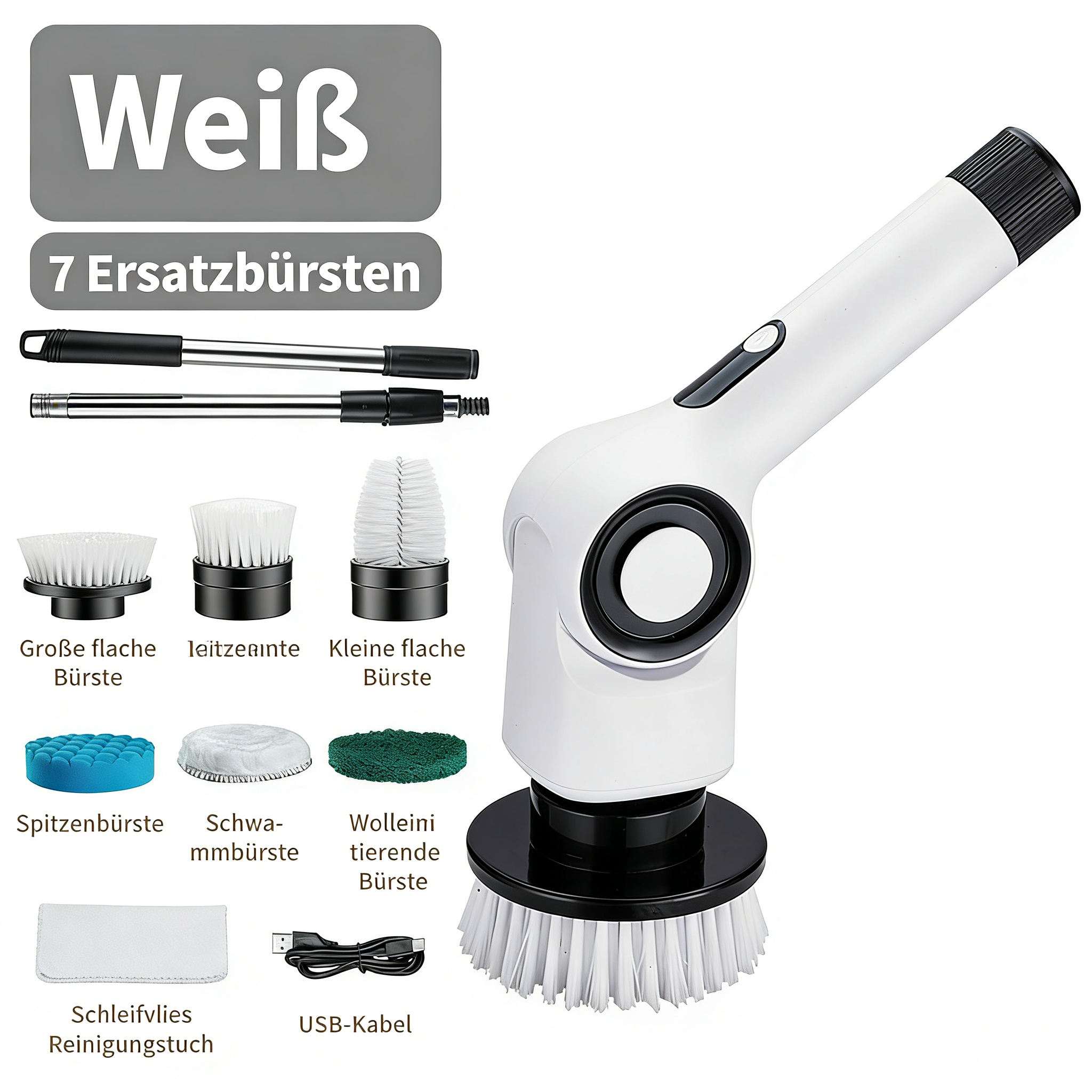 7-in-1 Elektrische Reinigungsbürste mit Teleskopstiel – Kabelloser Schleuder-Schrubber – Bad- & Fliesenreiniger mit 7 Bürstenköpfen