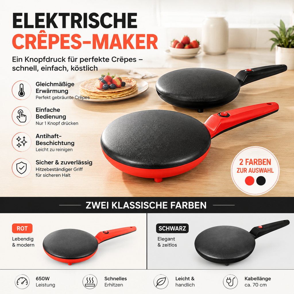 Elektrischer Crêpes-Maker 650W – Antihaft Pfannkuchenmaker mit 1-Knopf-Bedienung – Schneller & Leichter Crepe Maker für Hauchdünne Crêpes, Pancakes & Tortillas (Rot / Schwarz)