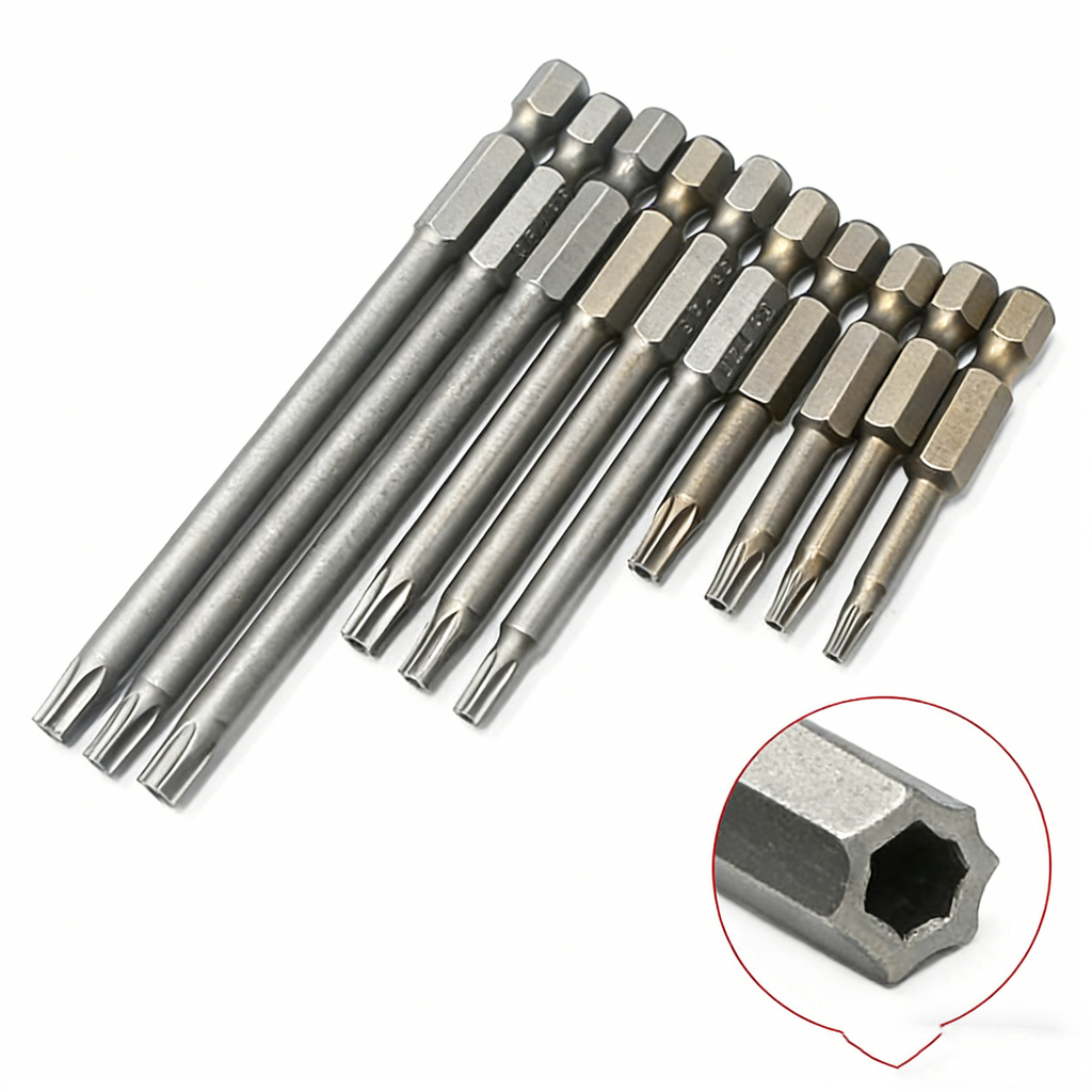 75mm Torx Bits Set mit Bohrung – S2-Stahl Sicherheits-Bitsatz – 1/4" Sechskantschaft für Akkuschrauber – Extra lange Schraubendreher-Einsätze