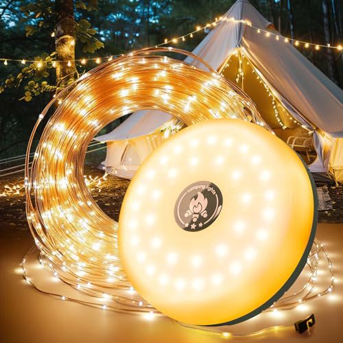 10m LED Campinglampe mit Lichterkette – Wiederaufladbare Outdoor Zeltlampe mit Handkurbel-Einzug – 5 Lichtmodi, RGB Atmosphere & IPX4 Wasserdicht für Camping, Garten, Balkon & Notfall