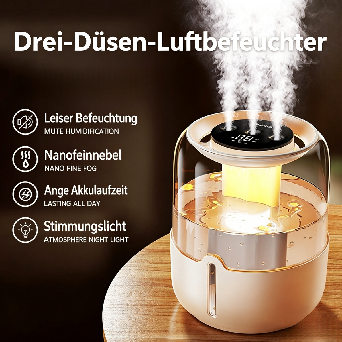 Drei-Düsen Luftbefeuchter mit Nachtlicht – Ultraschall Nano-Feinnebel Befeuchter, Flüsterleise & Lange Akkulaufzeit, Raumbefeuchter für Schlafzimmer, Büro & Babyzimmer