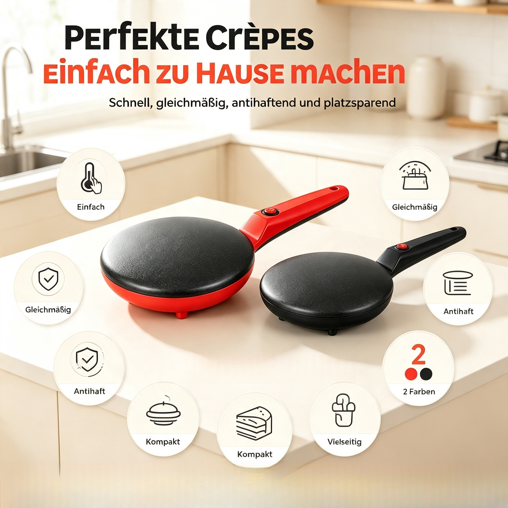 Elektrischer Crêpes-Maker 650W – Antihaft Pfannkuchenmaker mit 1-Knopf-Bedienung – Schneller & Leichter Crepe Maker für Hauchdünne Crêpes, Pancakes & Tortillas (Rot / Schwarz)