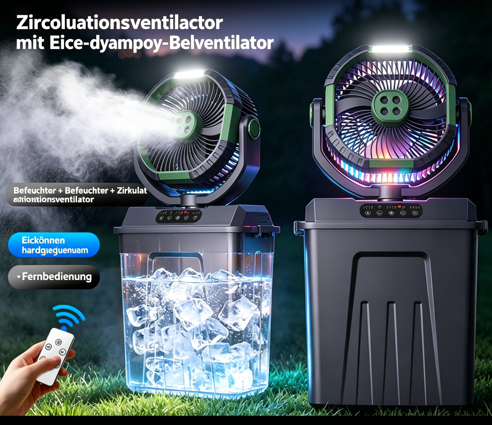 Multifunktions Camping Ventilator mit Licht & Sprühnebel: Oszillierender USB-Akku-Lüfter für Zelt