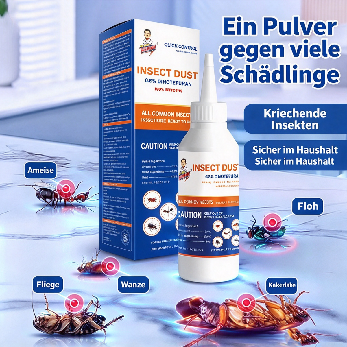 Insektenkiller Köder-Gel & Pulver mit 0,8% Dinotefuran (60g) – Effektives Ungeziefermittel gegen Kakerlaken, Ameisen, Wanzen & Flöhe, Präzise Anwendungsflasche für Küche & Haushalt