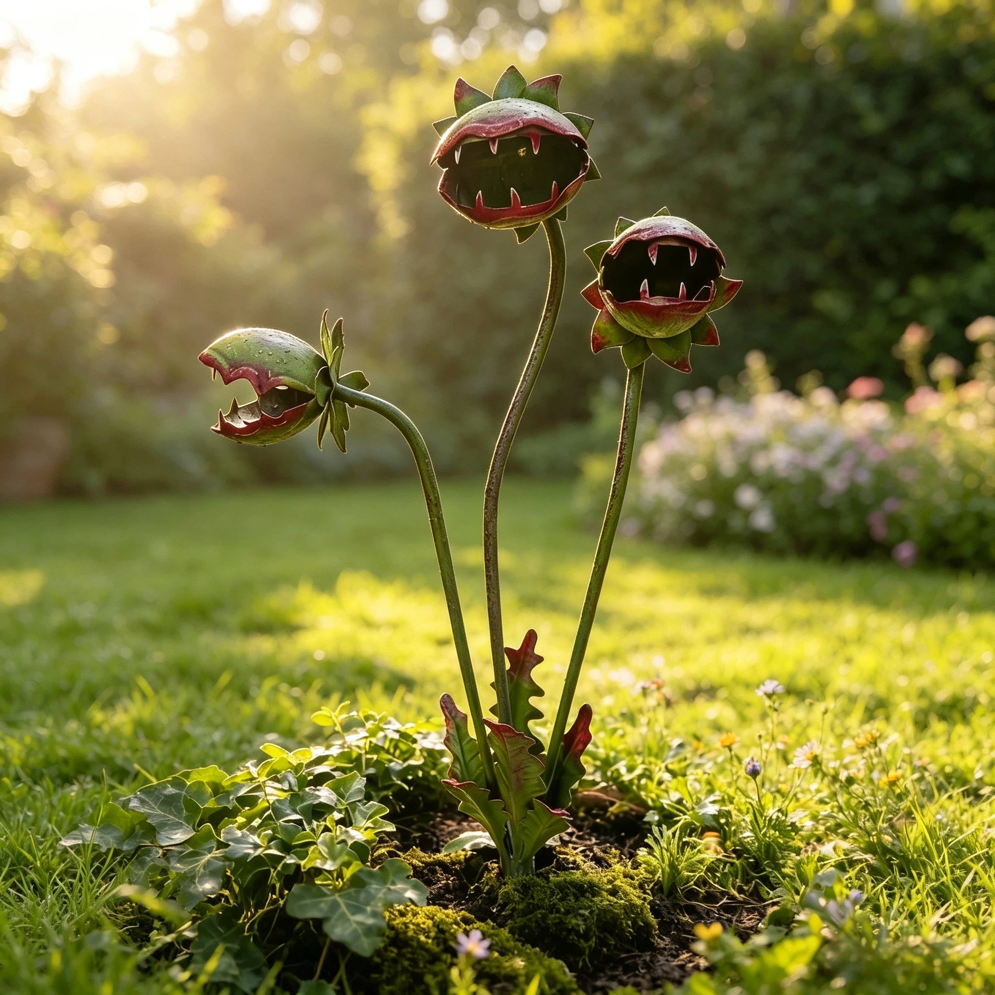 Gartenstecker Fleischfressende Pflanze aus Metall – Kunstvoller Venusfliegenfalle Beetstecker für Garten, Rasen, Vorgarten & Halloween Deko