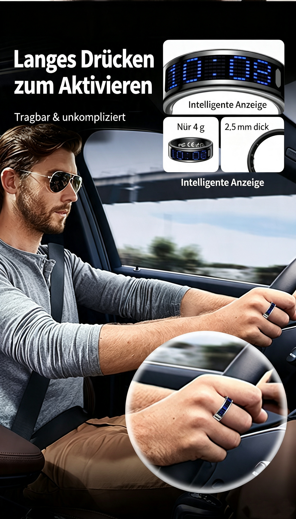 Smart Ring mit LED-Display & Gestensteuerung – IP68 Wasserdichter Fitness Tracker (4-6g) – Herzfrequenz, SpO2, Schlaf- & Schrittzähler, Anrufbenachrichtigung