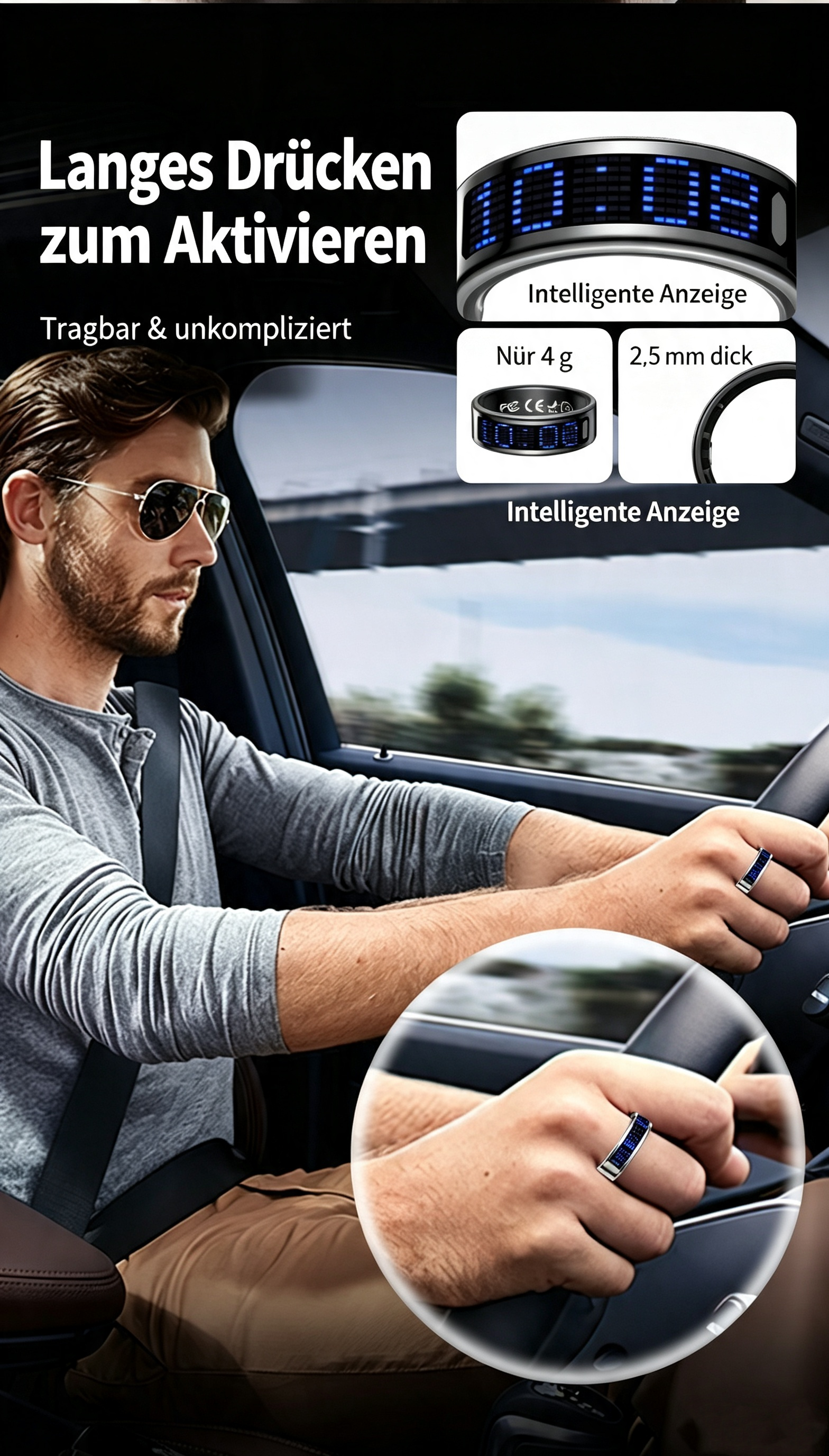 Smart Ring mit LED-Display & Gestensteuerung – IP68 Wasserdichter Fitness Tracker (4-6g) – Herzfrequenz, SpO2, Schlaf- & Schrittzähler, Anrufbenachrichtigung