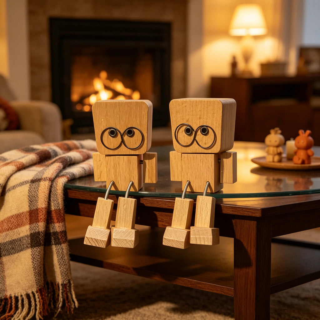 Niedliche Holz Roboter Figur mit Wechselbaren Gesichtern – Handgefertigte Deko Holzpuppe für Schreibtisch, Wohnzimmer & Kinderzimmer – Kreative Geschenkidee für Kinder & Erwachsene