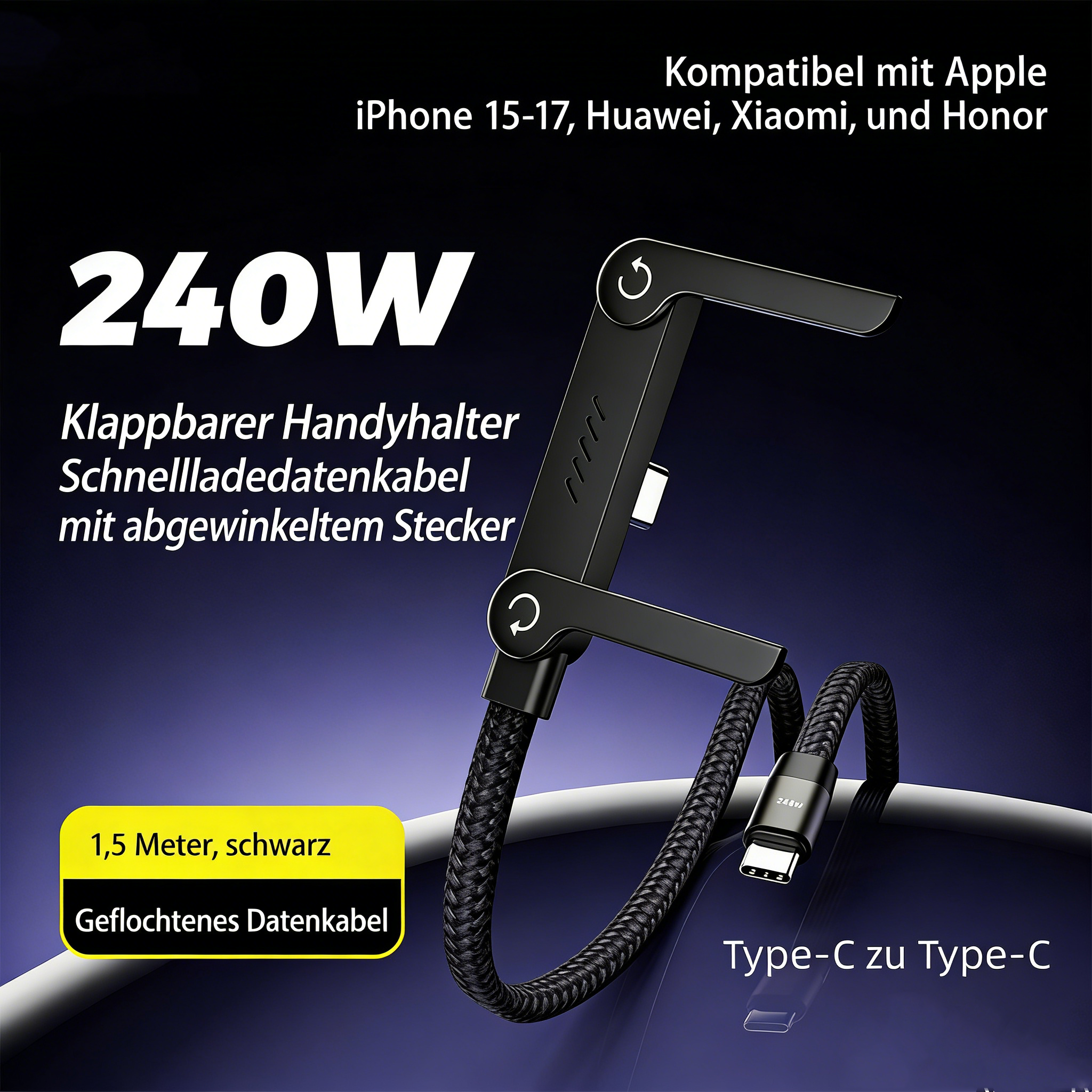 240W Schnellladekabel USB C mit Standfunktion 90 Grad Winkelstecker für Gaming Ladekabel kompatibel mit Smartphone Tablet und Laptop Hochgeschwindigkeitsladen