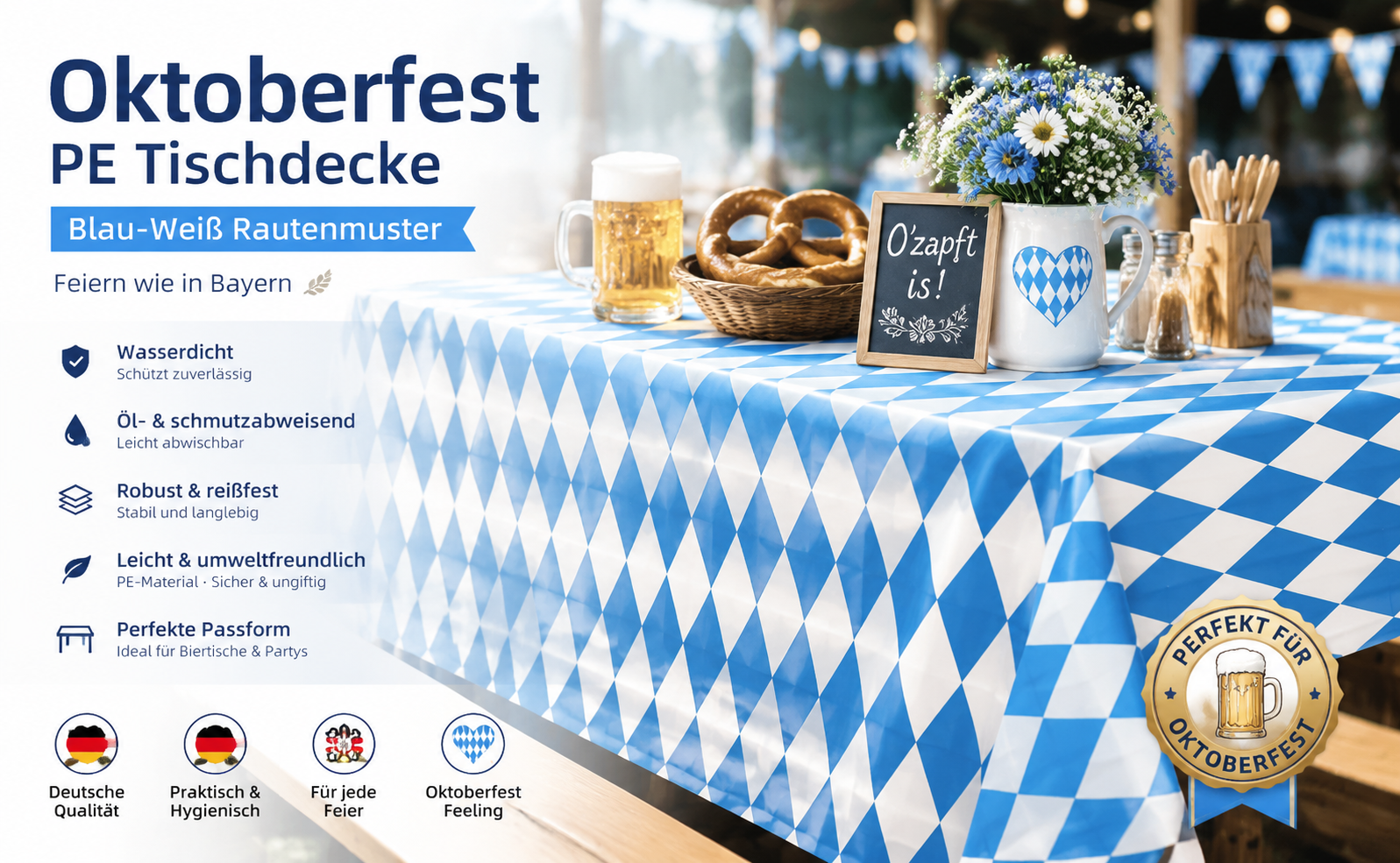 Oktoberfest Tischdecke Blau-Weiß Rautenmuster 137 x 274 cm – Abwischbare PE Biertischdecke, Wasserdicht & Reißfest