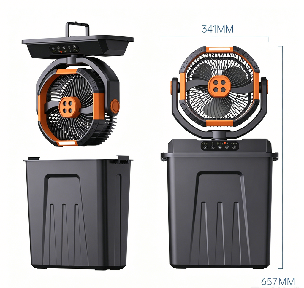 Multifunktions Camping Ventilator mit Licht & Sprühnebel: Oszillierender USB-Akku-Lüfter für Zelt