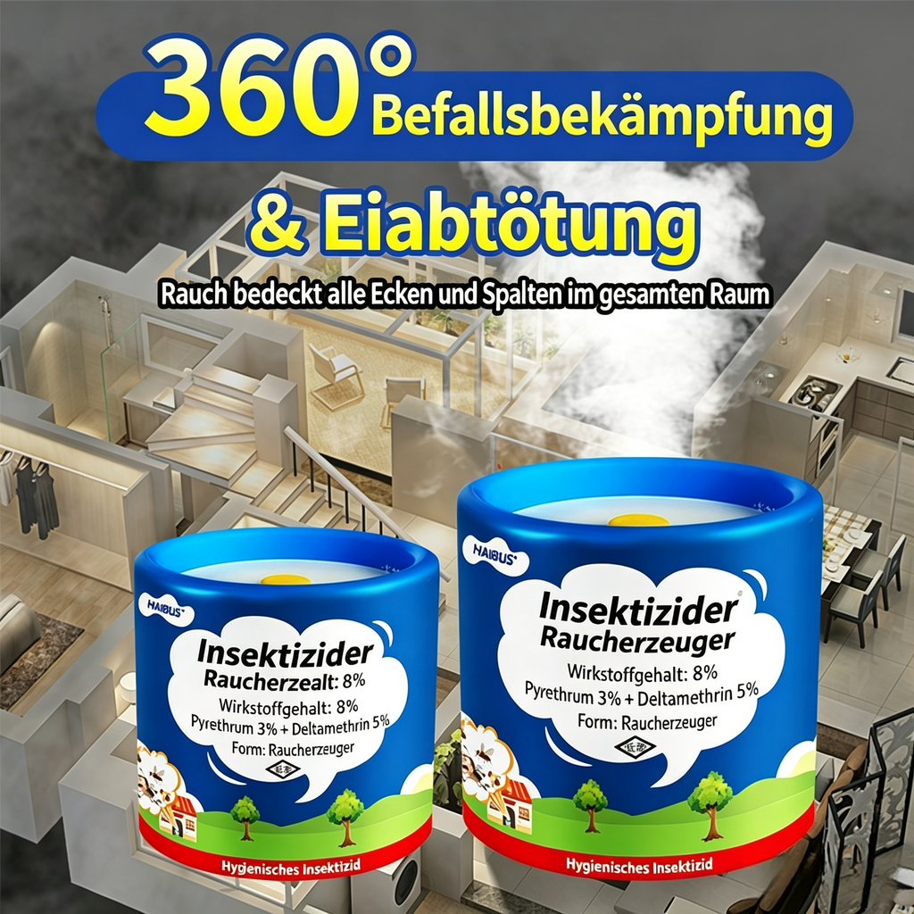 Insektizider Raucherzeuger Set mit Nachfüllpackung – Starkes Insektenspray & Mückenmittel mit Pyrethrum (3%) & Deltamethrin (5%), 360° Rauch-Vernebler für Haus & Wohnung