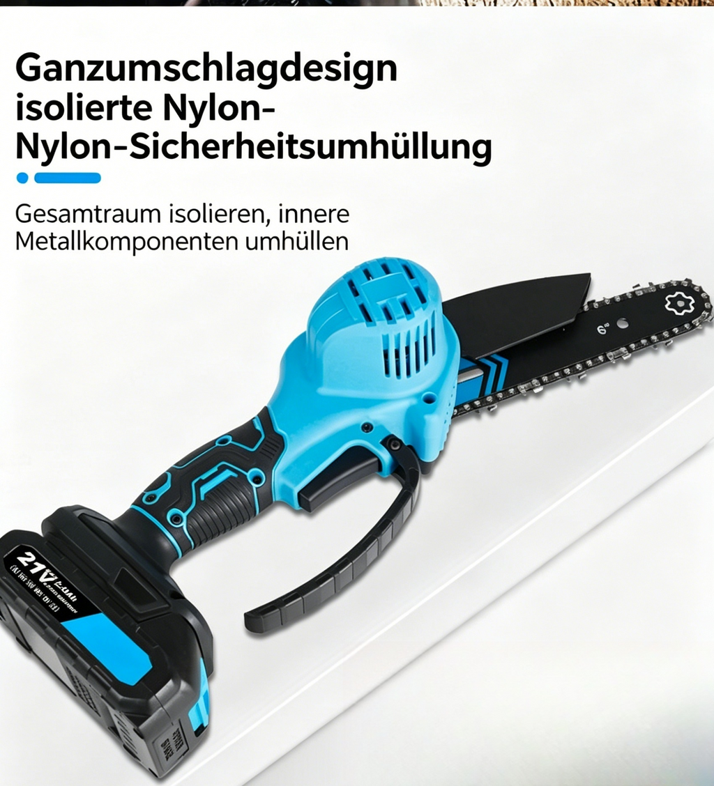 6 Zoll Mini-Akku-Kettensäge Set: Einhand-Kettensäge mit 2 Akkus, 2 Ketten & Koffer