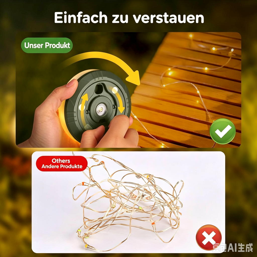 10m LED Campinglampe mit Lichterkette – Wiederaufladbare Outdoor Zeltlampe mit Handkurbel-Einzug – 5 Lichtmodi, RGB Atmosphere & IPX4 Wasserdicht für Camping, Garten, Balkon & Notfall