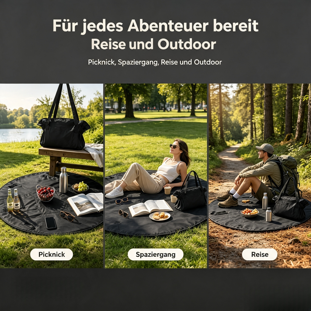 2-in-1 Picknickdecke & Tragetasche – Wasserabweisende Faltbare Stranddecke mit Integrierten Fächern