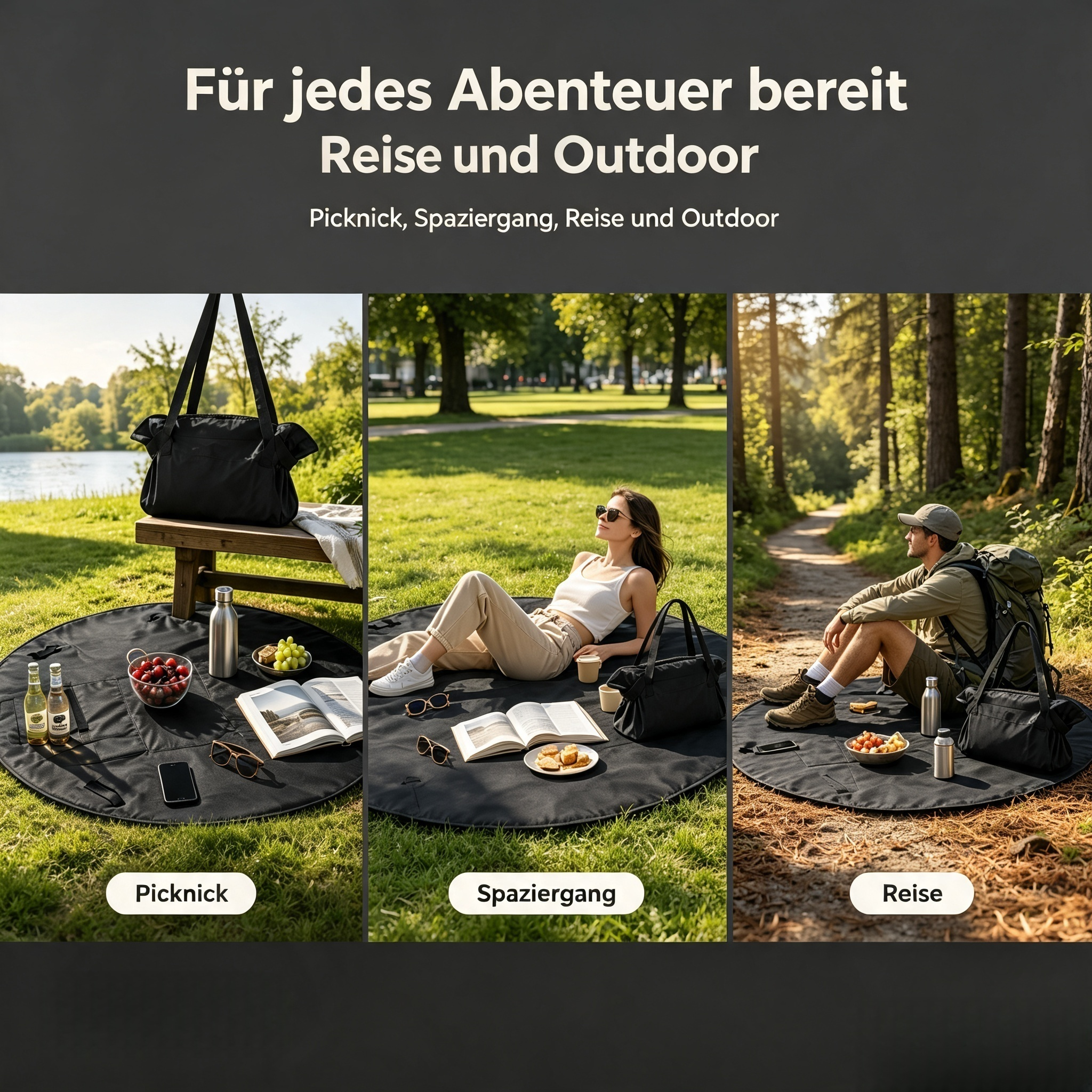 2-in-1 Picknickdecke & Tragetasche – Wasserabweisende Faltbare Stranddecke mit Integrierten Fächern