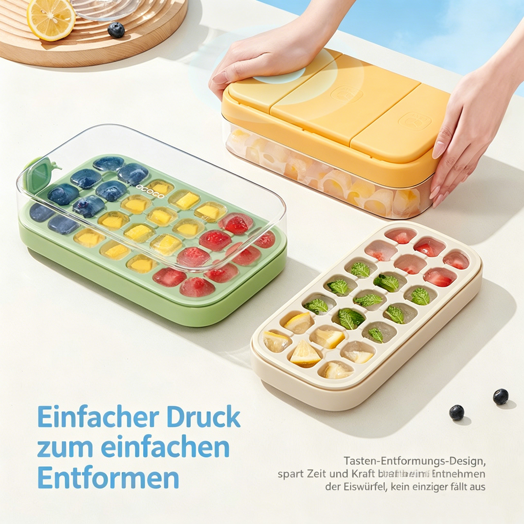 Eiswürfelform mit Behälter & Deckel: Innovative Eiswürfelbereiter mit Druckknopf für einfaches Entnehmen