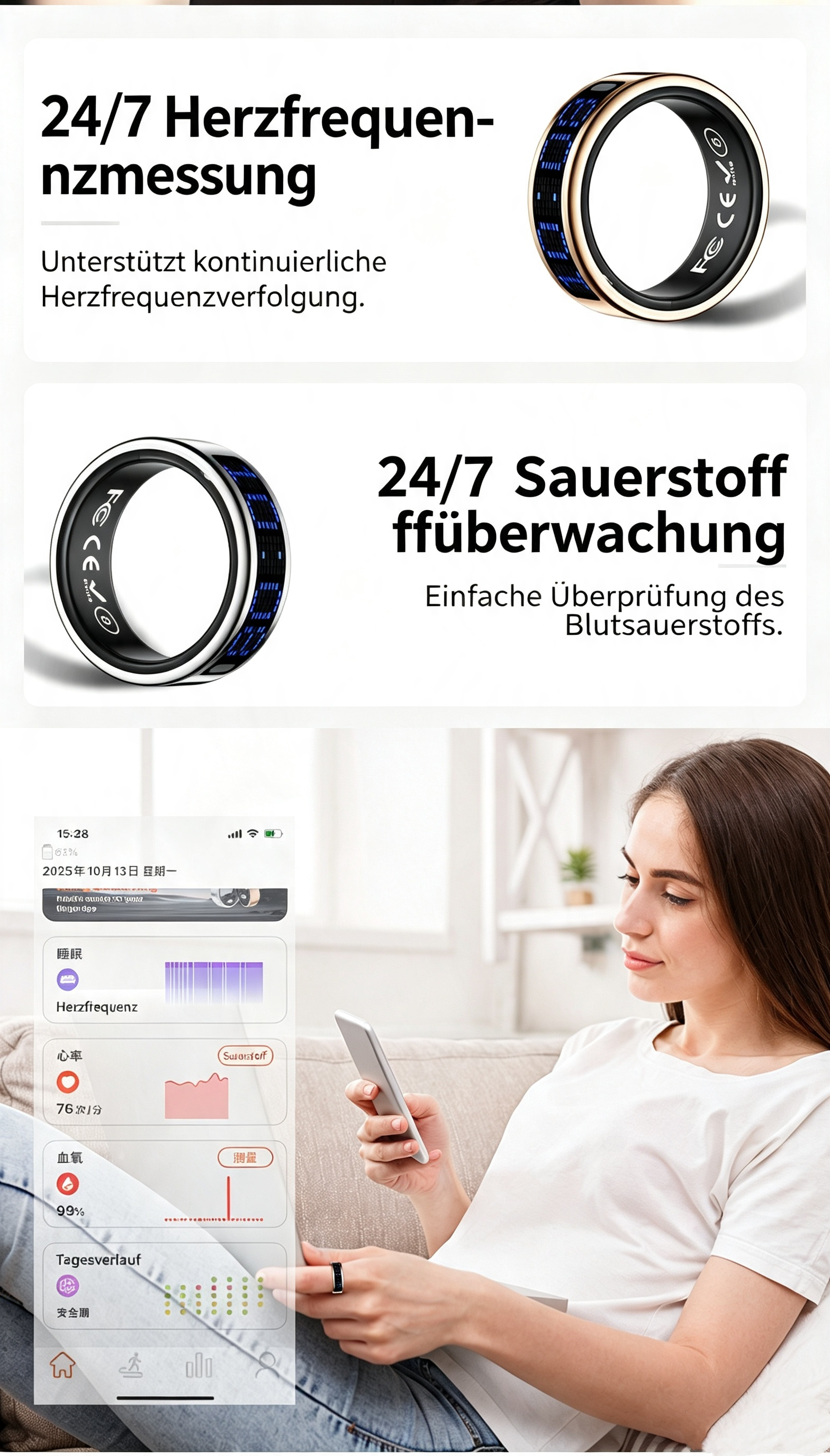 Smart Ring mit LED-Display & Gestensteuerung – IP68 Wasserdichter Fitness Tracker (4-6g) – Herzfrequenz, SpO2, Schlaf- & Schrittzähler, Anrufbenachrichtigung