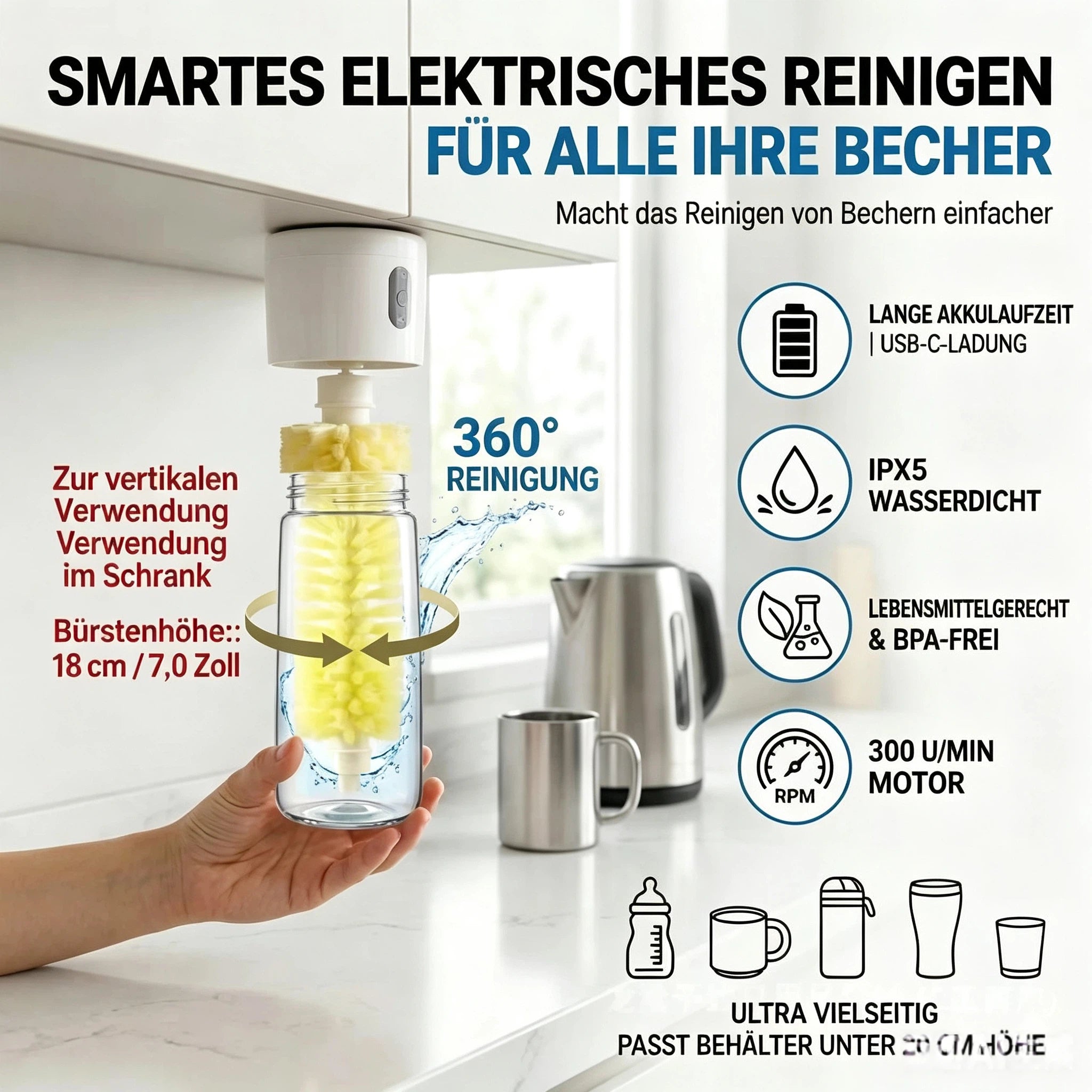 Elektrische Flaschenbürste 360° Drehbar – Wiederaufladbare Spülbürste für Gläser, Babyflaschen & Thermosbecher – Wandmontage mit Saugnapf & USB-C – BPA-frei & IPX5 Wasserabweisend