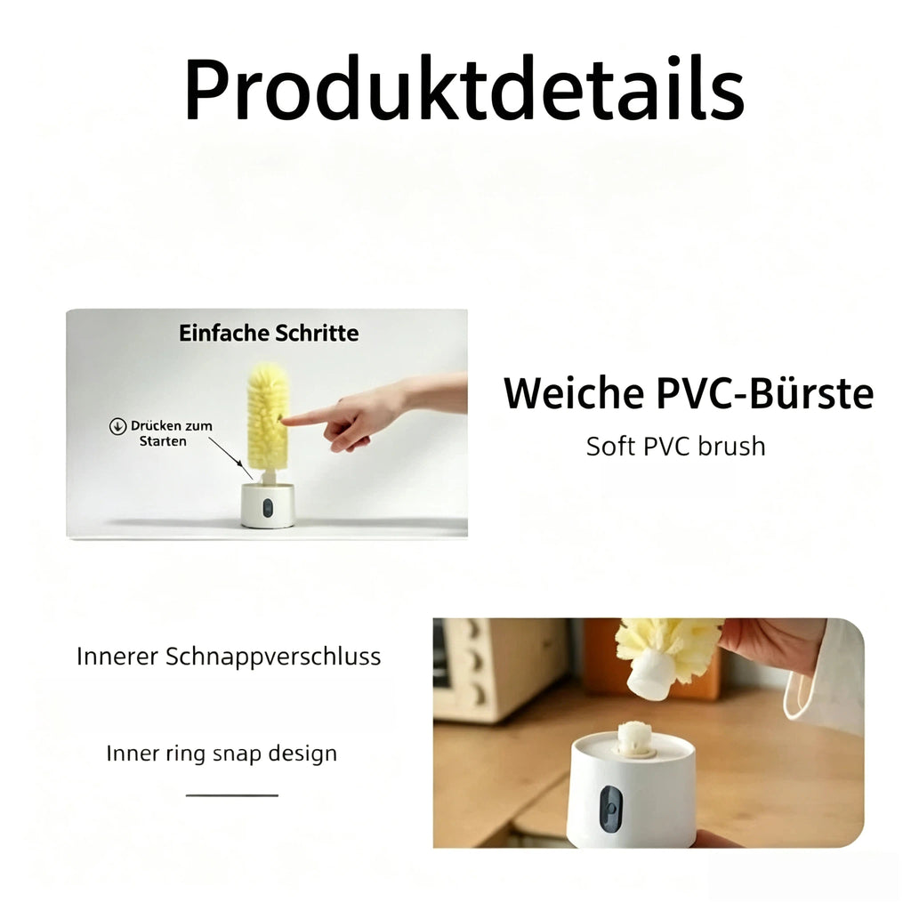 Elektrische Flaschenbürste 360° Drehbar – Wiederaufladbare Spülbürste für Gläser, Babyflaschen & Thermosbecher – Wandmontage mit Saugnapf & USB-C – BPA-frei & IPX5 Wasserabweisend