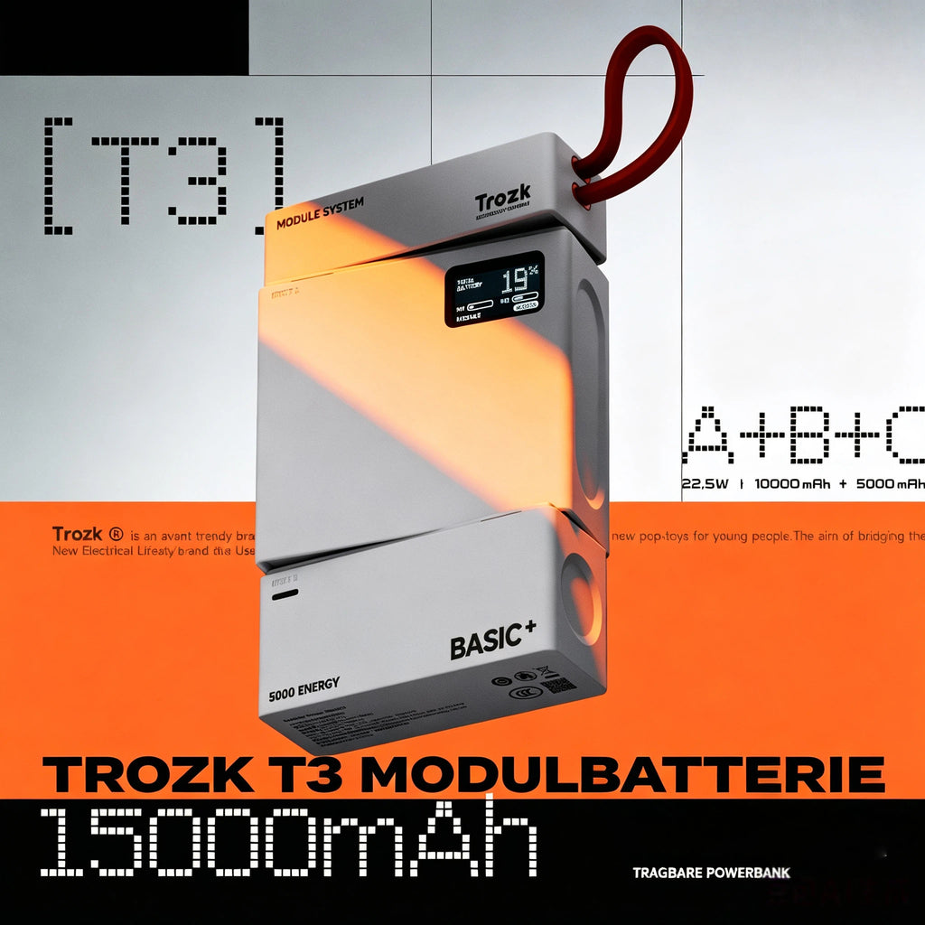 T3 Modulare Powerbank 15000mAh – 3-in-1 Magnetisches Baukasten-System mit 22,5W Schnellladen, Farb-Display & integriertem Ladekabel (Steingrau / Orange)