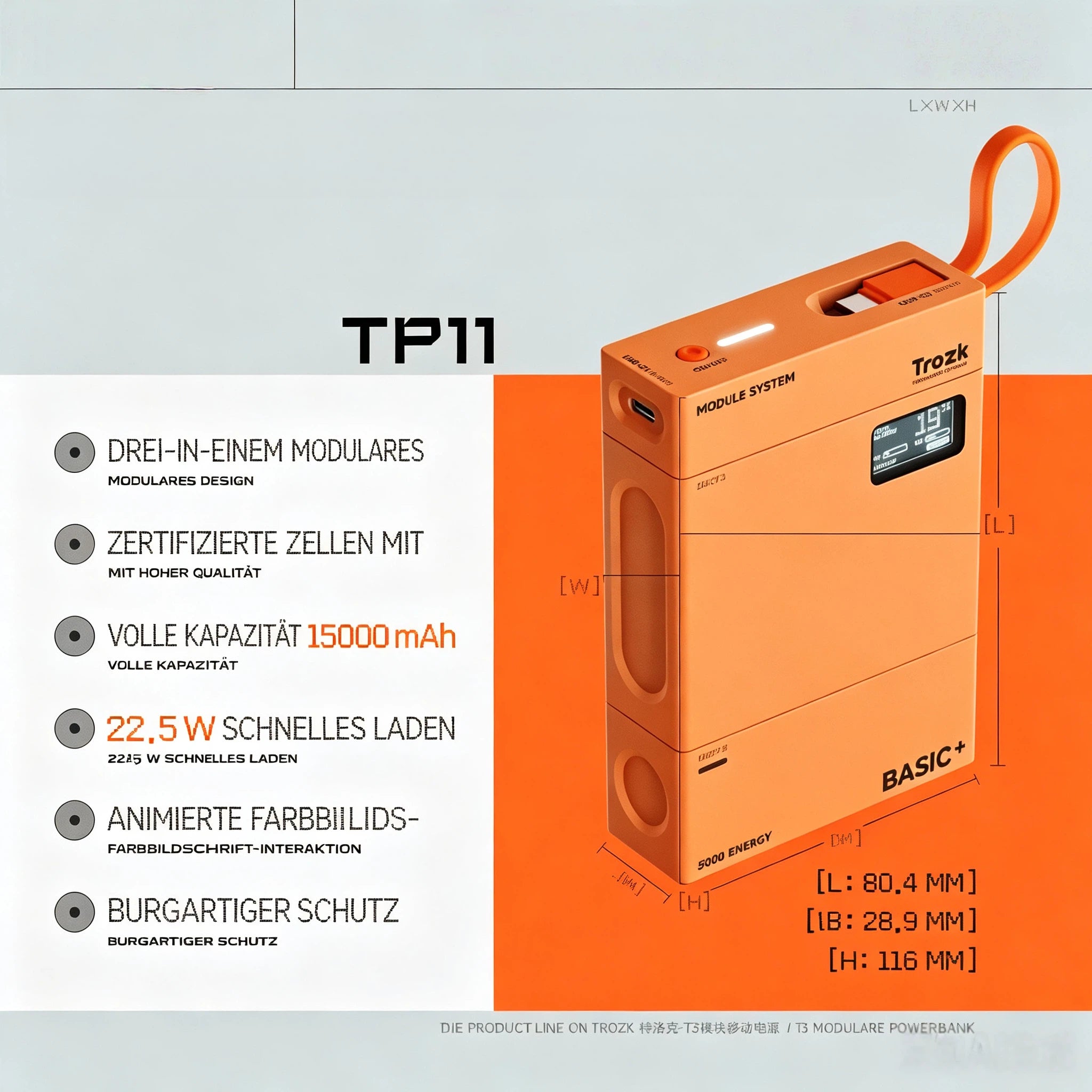 T3 Modulare Powerbank 15000mAh – 3-in-1 Magnetisches Baukasten-System mit 22,5W Schnellladen, Farb-Display & integriertem Ladekabel (Steingrau / Orange)