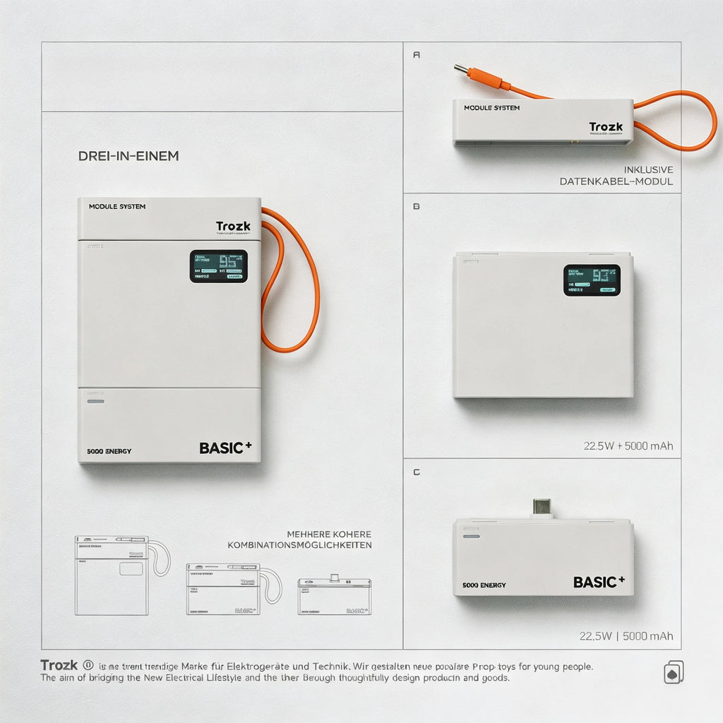 T3 Modulare Powerbank 15000mAh – 3-in-1 Magnetisches Baukasten-System mit 22,5W Schnellladen, Farb-Display & integriertem Ladekabel (Steingrau / Orange)