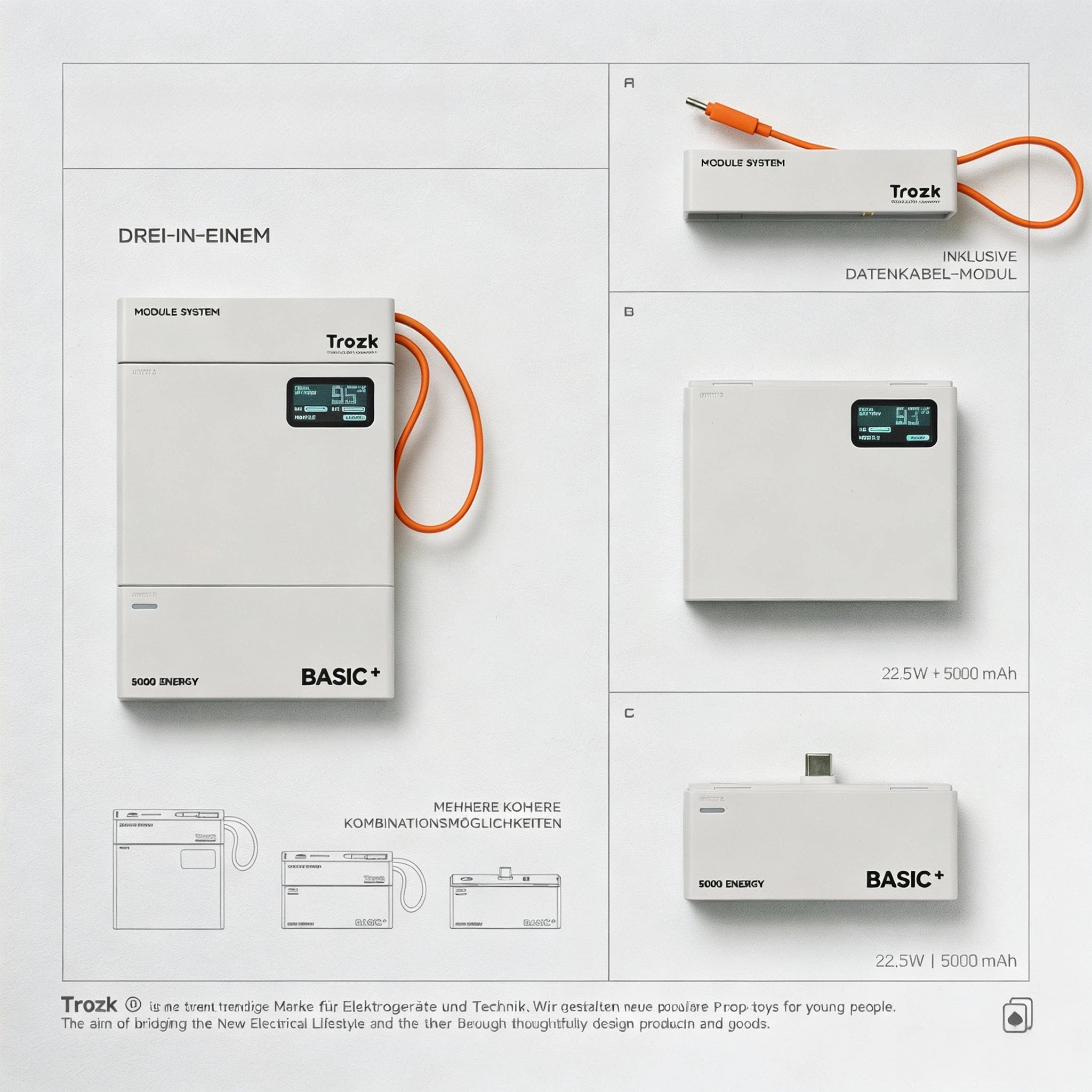 T3 Modulare Powerbank 15000mAh – 3-in-1 Magnetisches Baukasten-System mit 22,5W Schnellladen, Farb-Display & integriertem Ladekabel (Steingrau / Orange)