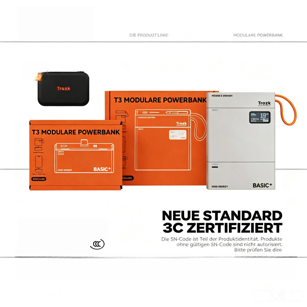 T3 Modulare Powerbank 15000mAh – 3-in-1 Magnetisches Baukasten-System mit 22,5W Schnellladen, Farb-Display & integriertem Ladekabel (Steingrau / Orange)