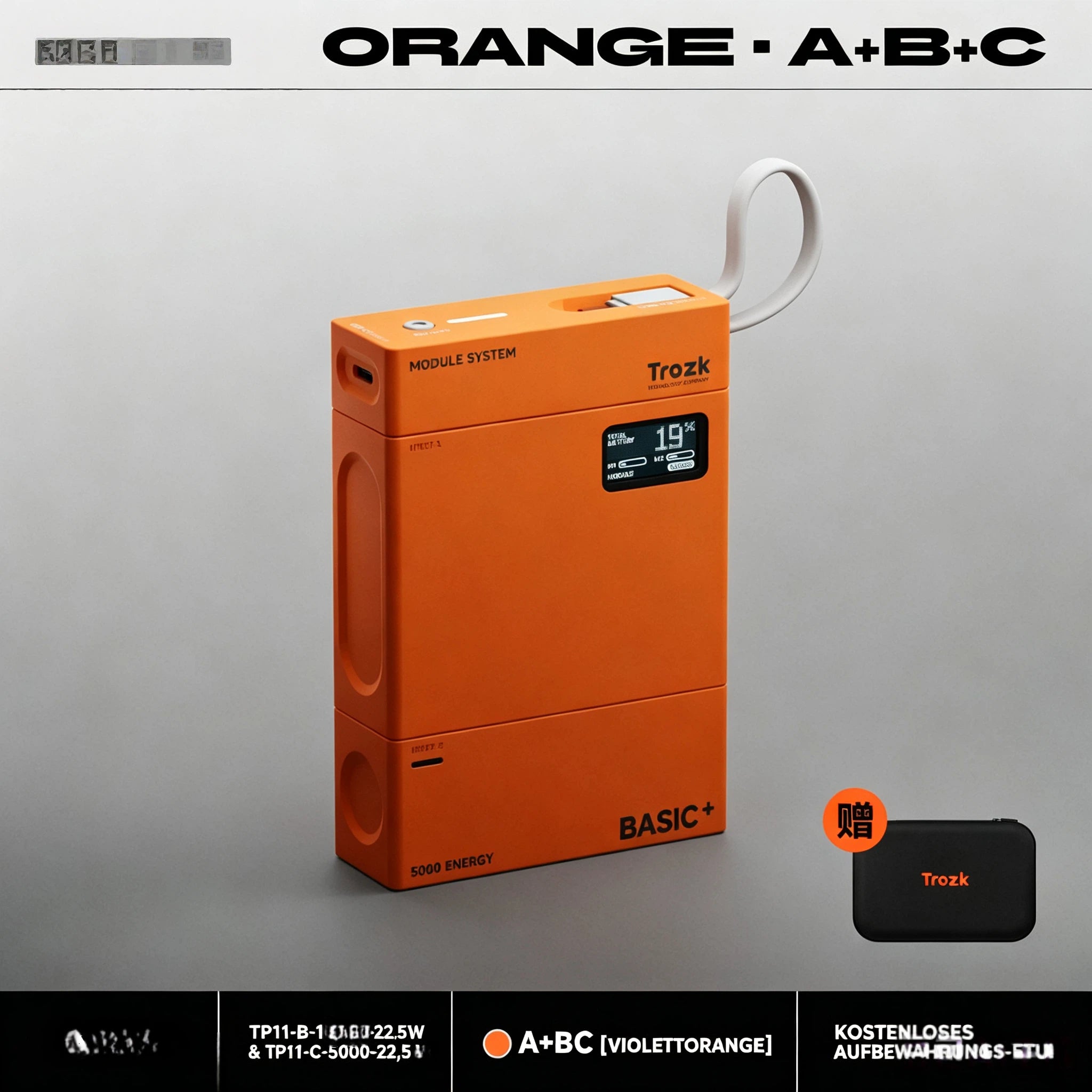 T3 Modulare Powerbank 15000mAh – 3-in-1 Magnetisches Baukasten-System mit 22,5W Schnellladen, Farb-Display & integriertem Ladekabel (Steingrau / Orange)