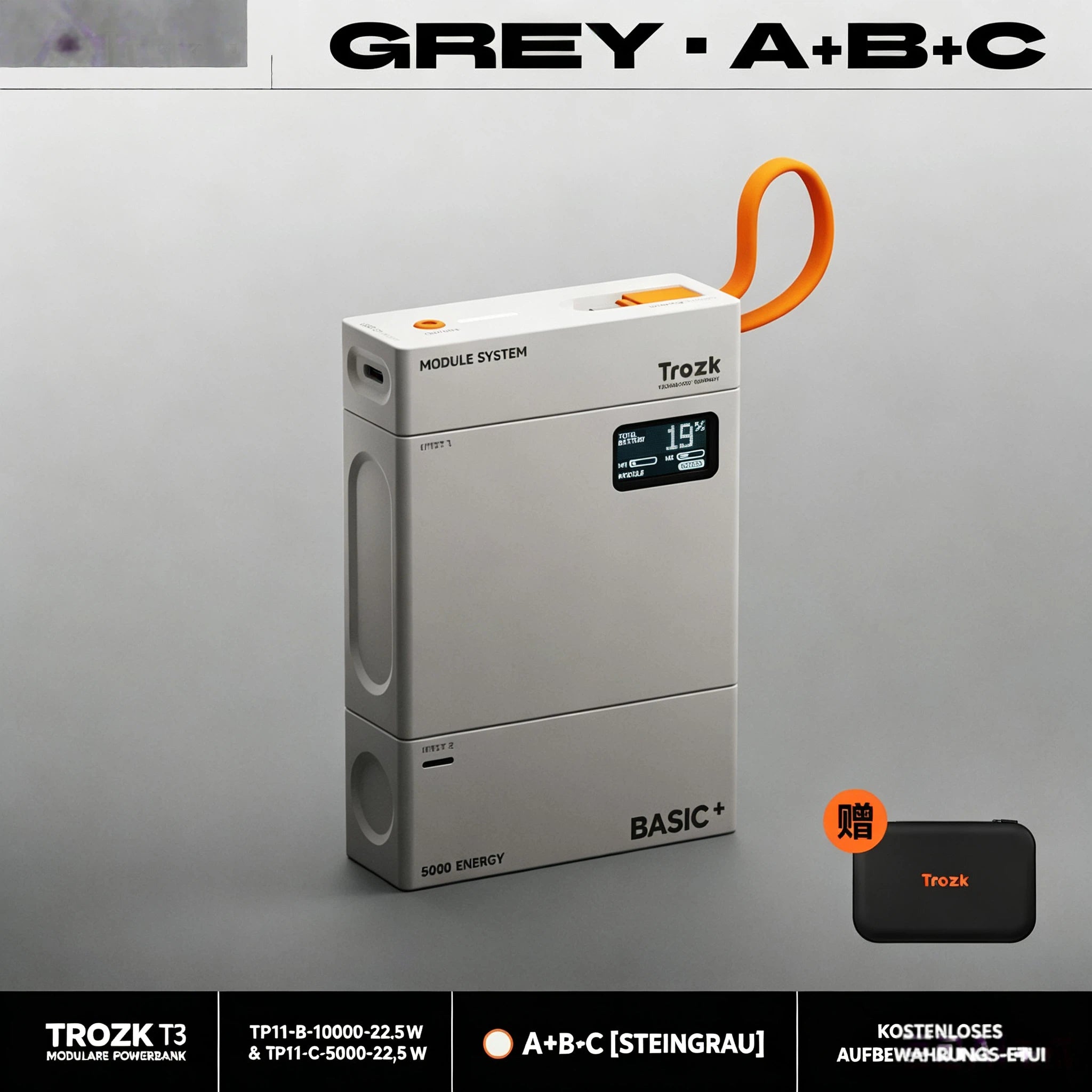 T3 Modulare Powerbank 15000mAh – 3-in-1 Magnetisches Baukasten-System mit 22,5W Schnellladen, Farb-Display & integriertem Ladekabel (Steingrau / Orange)