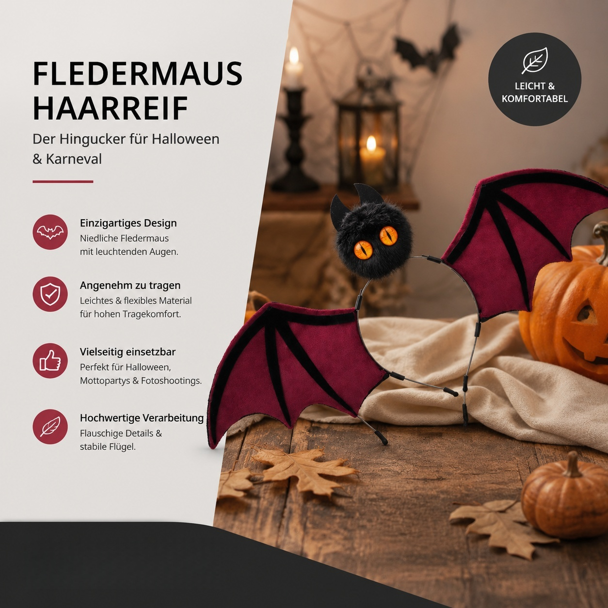 Fledermaus Haarreif für Halloween & Karneval – Niedlicher Plüsch Haarschmuck mit Großen Flügeln