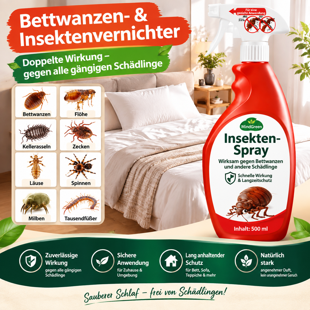 Bettwanzen Spray & Insektenvernichter (500 ml) – Effektives Insektenspray gegen Bettwanzen, Flöhe, Zecken, Spinnen & Silberfische, Schnelle Wirkung & Langzeitschutz für Bett, Sofa & Teppich