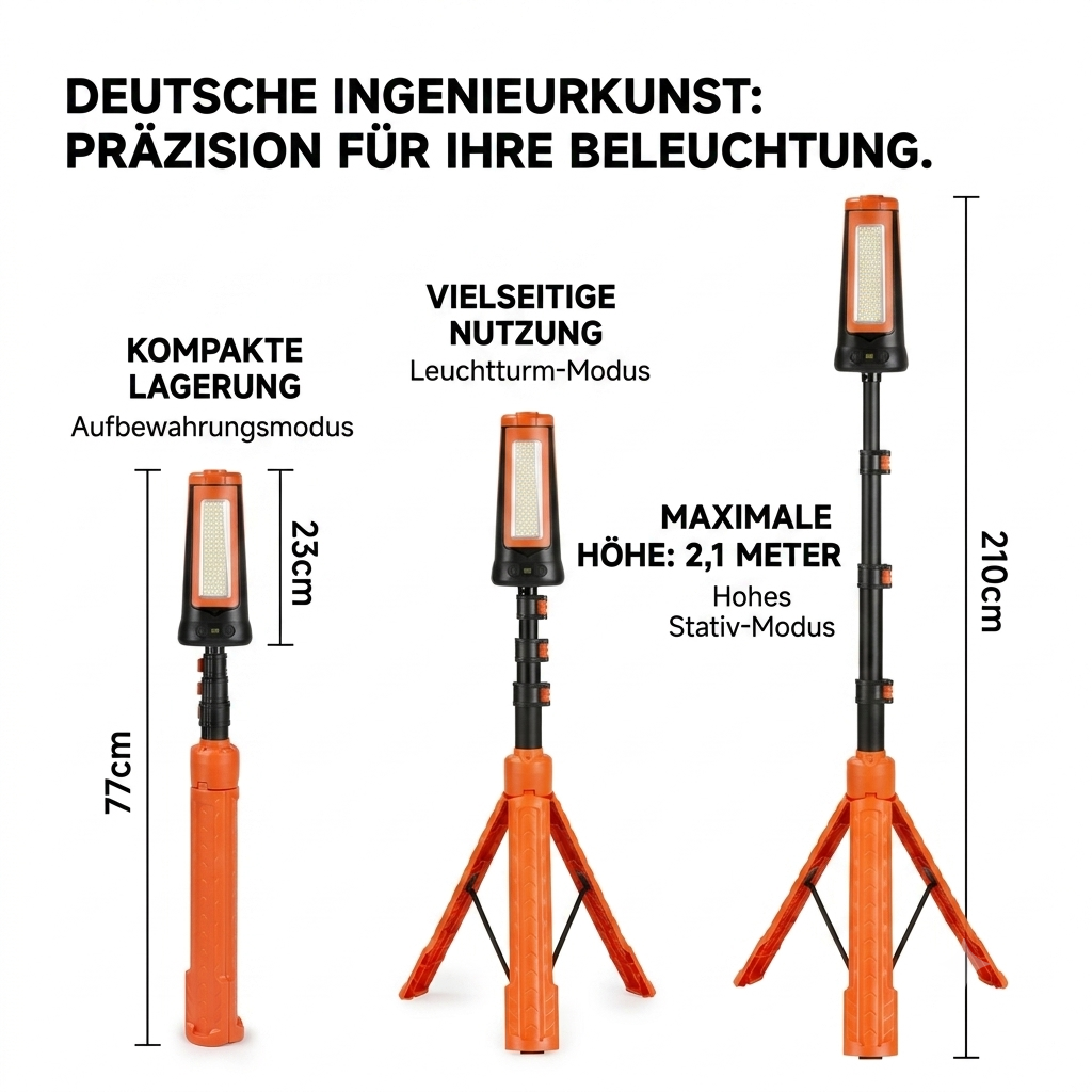 LED Akku Arbeitsleuchte mit Stativ (Höhenverstellbar bis 2,1 m) – Teleskop Baustrahler Zusammenklappbar (77 cm) – Portable Flutlicht Strahler für Baustelle, Werkstatt, Camping & Notfall