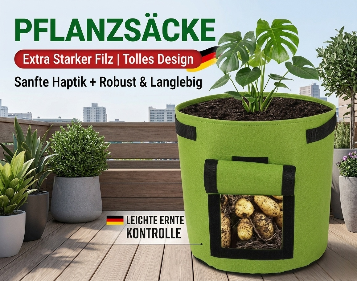 Pflanzsack aus verdicktem Filz mit Sichtfenster: Kartoffelanbaubeutel für Balkon & Garten