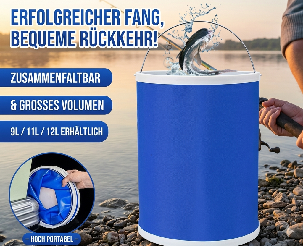 Faltbarer Angeleimer für Outdoor & Camping: Tragbarer Falteimer 9L für Fischfang & Autowäsche