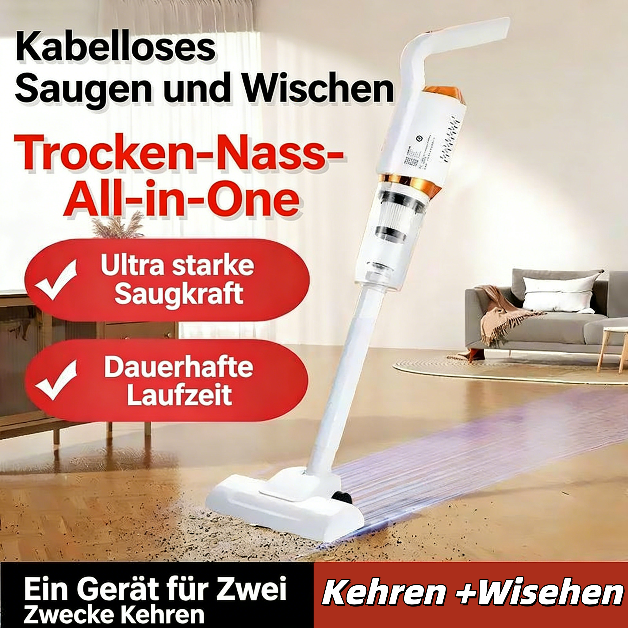 Auto- und Haushaltsstaubsauger – Kabelloser Handstaubsauger, Nass- und Trockenfunktion, Starke Saugleistung, Bodenwischer-fähig