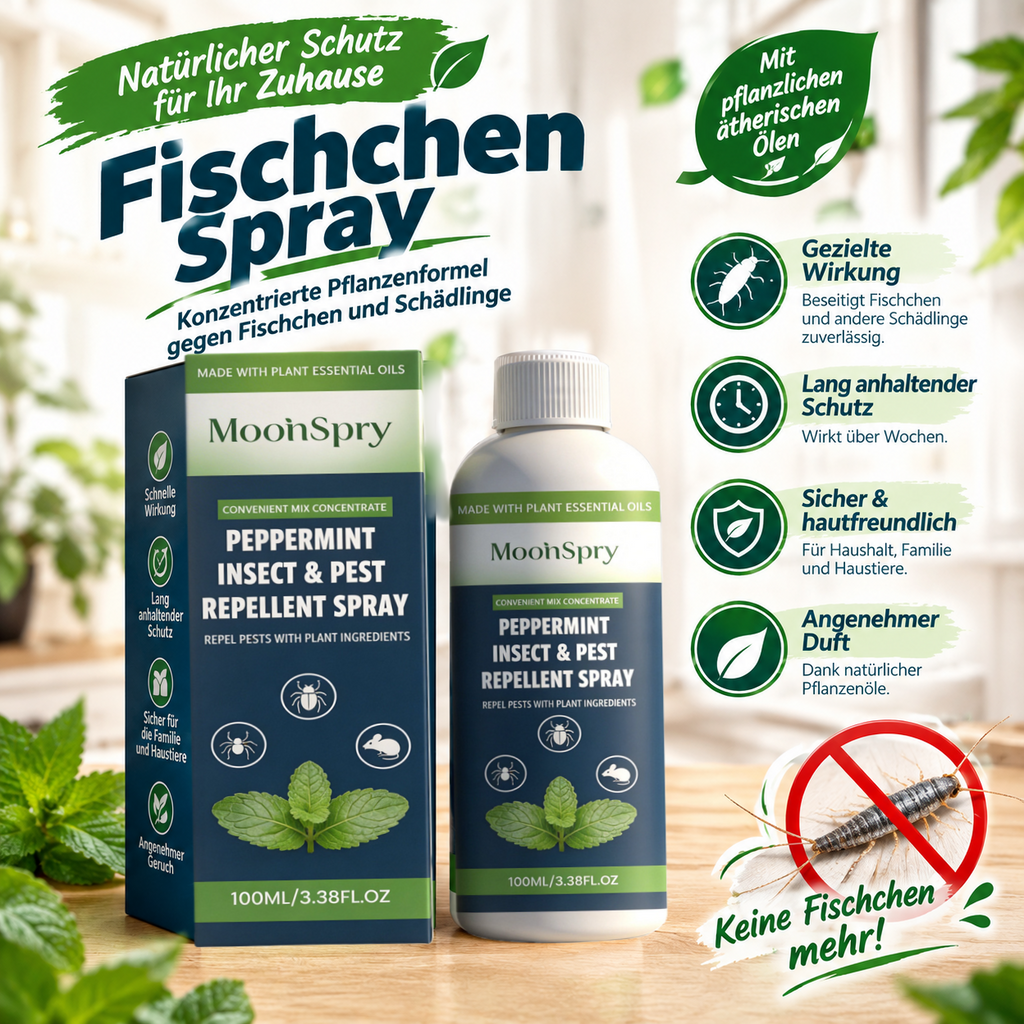 MoonSpry Pfefferminz Insekten- & Schädlingsabwehrspray (100ml) – Natürliches Fischchen Spray mit Ätherischen Ölen, Konzentrierte Formel gegen Ungeziefer für Innen & Außen