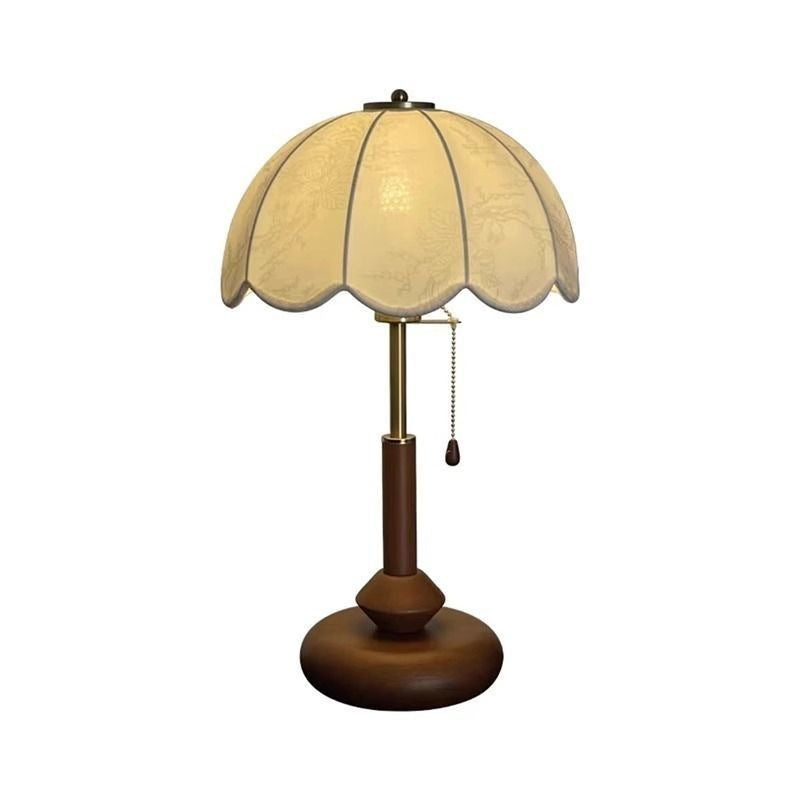 Vintage Holz Tischlampe mit Zugschalter – Eleganter Stoffschirm in Blütenform, Retro Nachttischlampe aus Massivholz für Schlafzimmer, Wohnzimmer & Studio