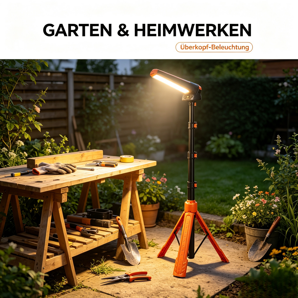 LED Akku Arbeitsleuchte mit Stativ (Höhenverstellbar bis 2,1 m) – Teleskop Baustrahler Zusammenklappbar (77 cm) – Portable Flutlicht Strahler für Baustelle, Werkstatt, Camping & Notfall