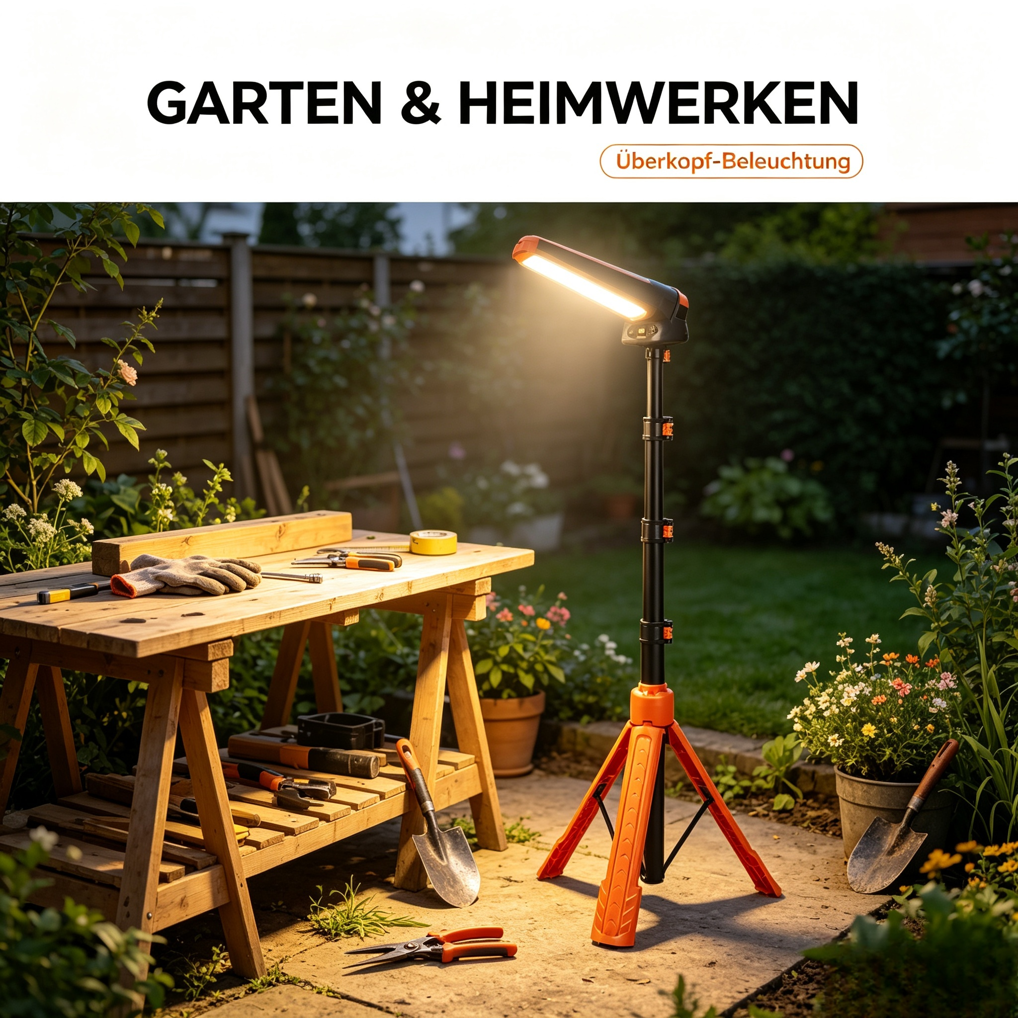LED Akku Arbeitsleuchte mit Stativ (Höhenverstellbar bis 2,1 m) – Teleskop Baustrahler Zusammenklappbar (77 cm) – Portable Flutlicht Strahler für Baustelle, Werkstatt, Camping & Notfall